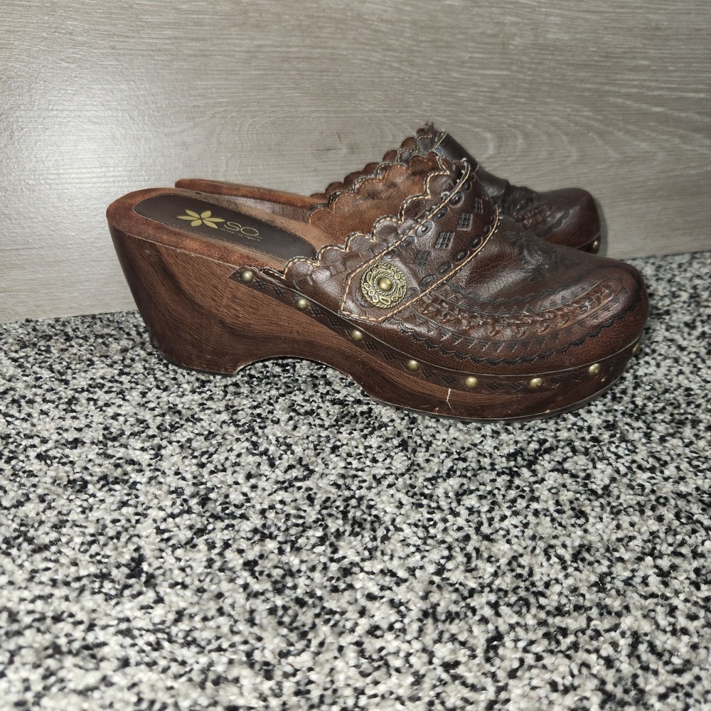 Vtg 90s Y2K Chunky Platform Clogs Brown Shoes Wood Grain Heel Studded Bratz Sz 9